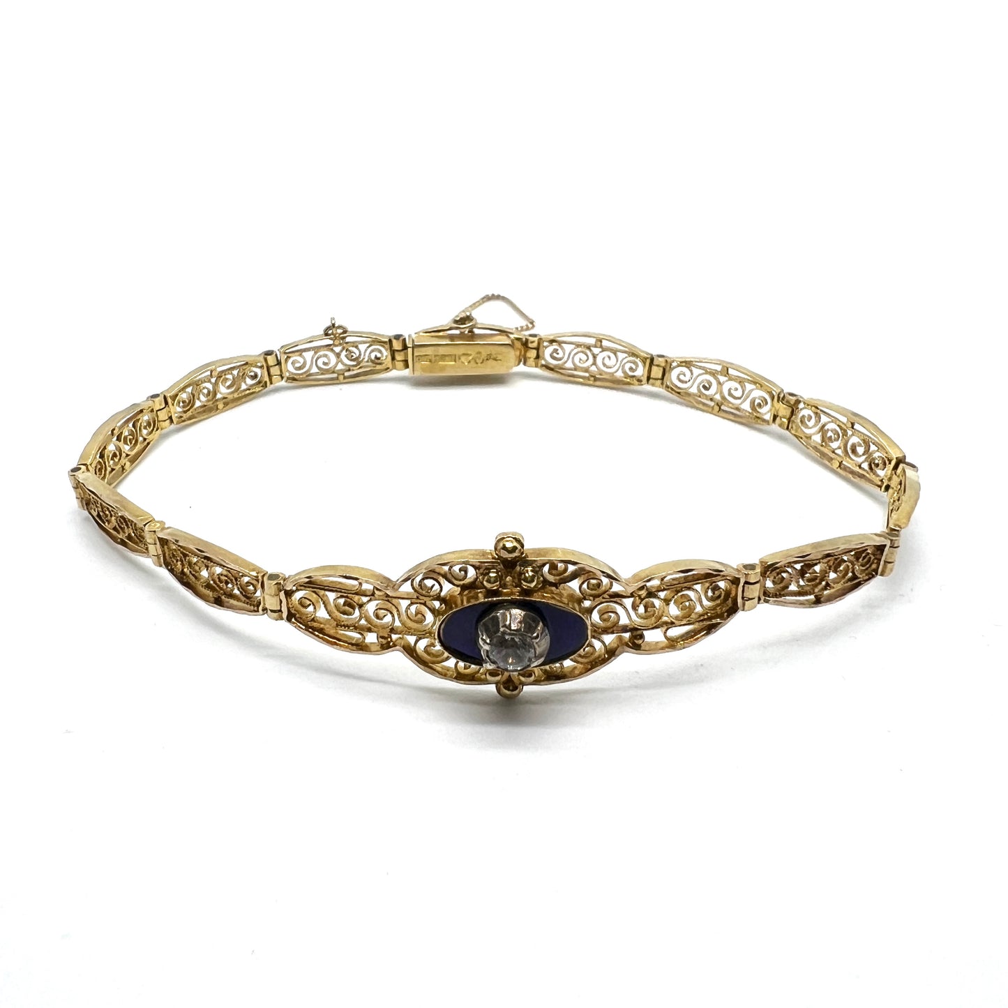 O Kristensen, Sweden 1916. Rare WW1-era Antique 18k Gold Enamel Paste Filigree Bracelet.