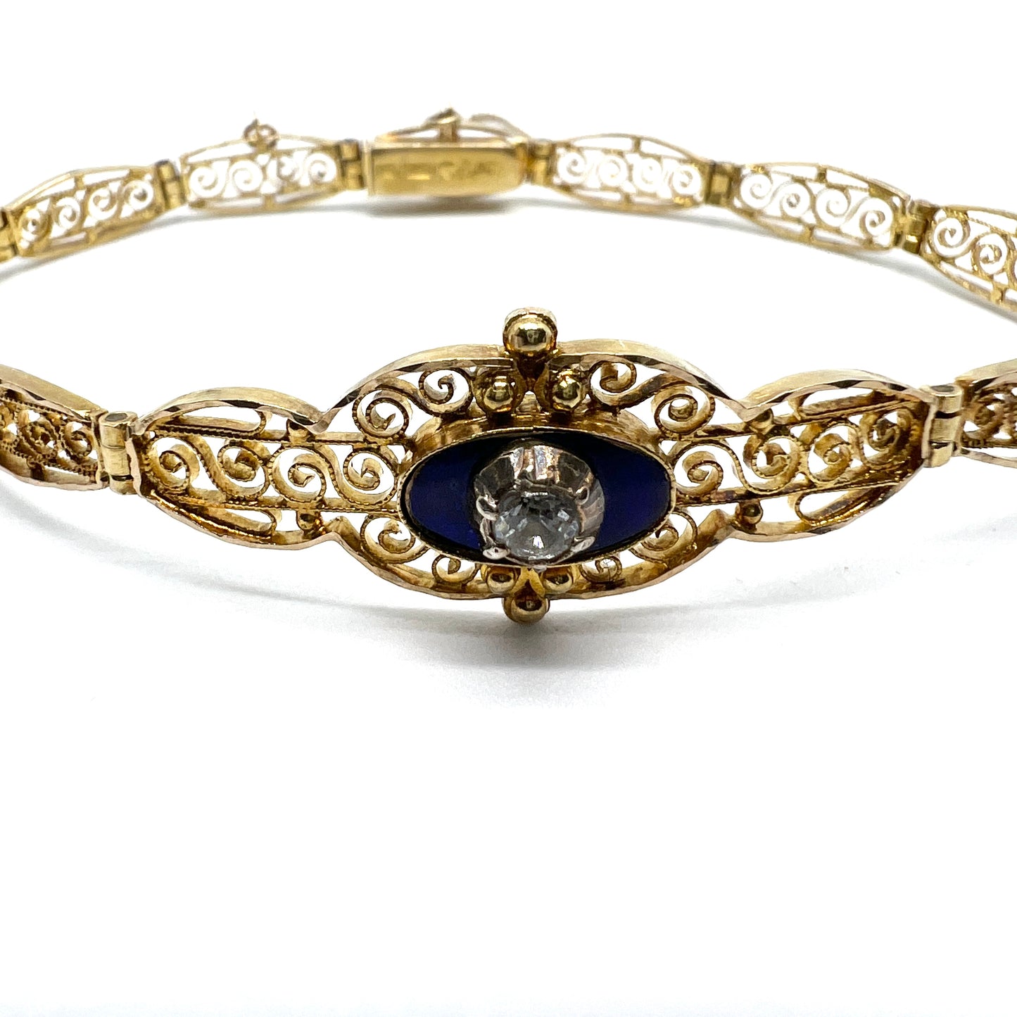 O Kristensen, Sweden 1916. Rare WW1-era Antique 18k Gold Enamel Paste Filigree Bracelet.