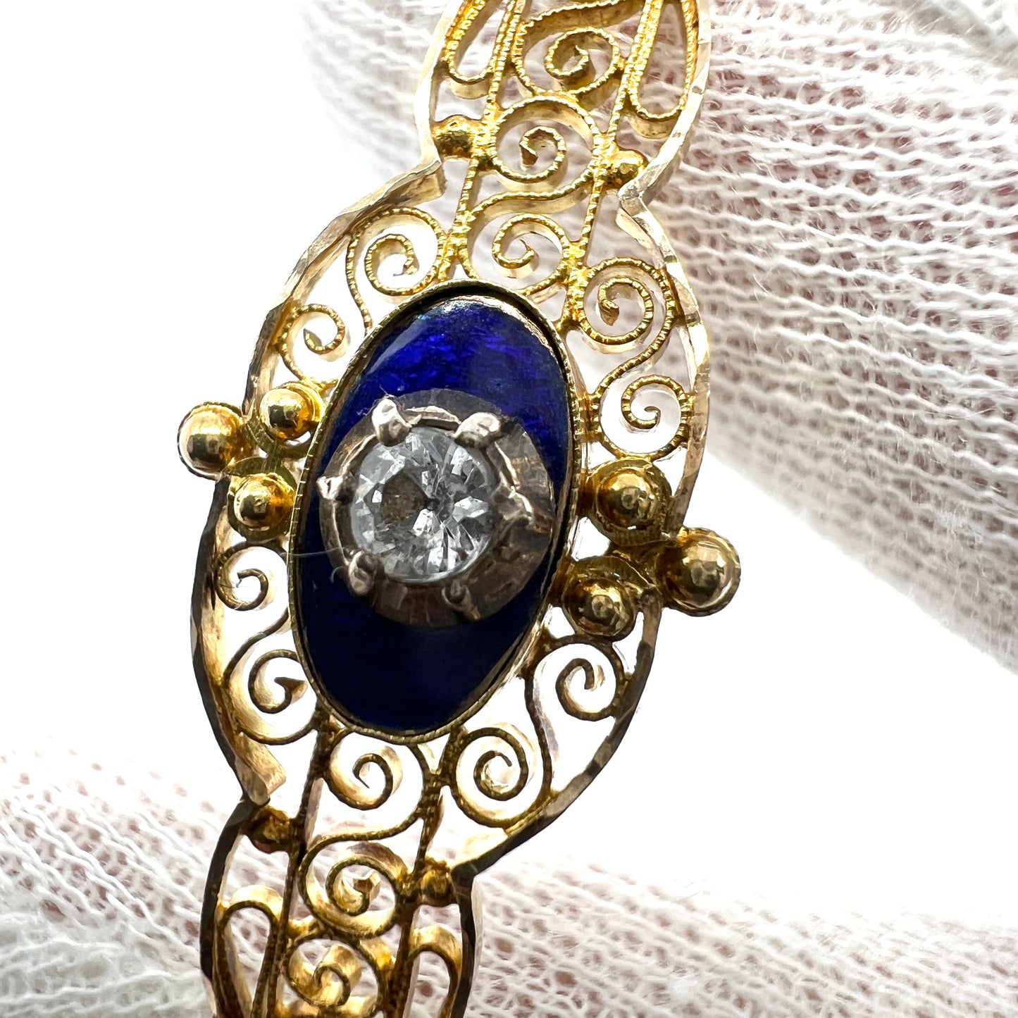 O Kristensen, Sweden 1916. Rare WW1-era Antique 18k Gold Enamel Paste Filigree Bracelet.