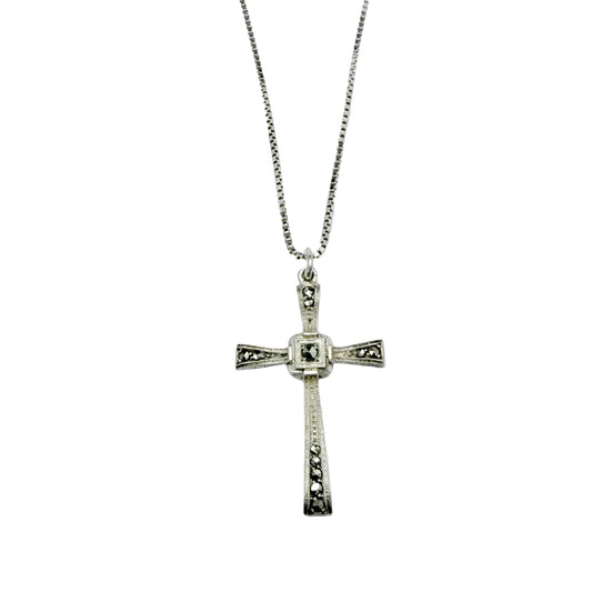Vintage Solid Silver Marcasite Cross Pendant Necklace.