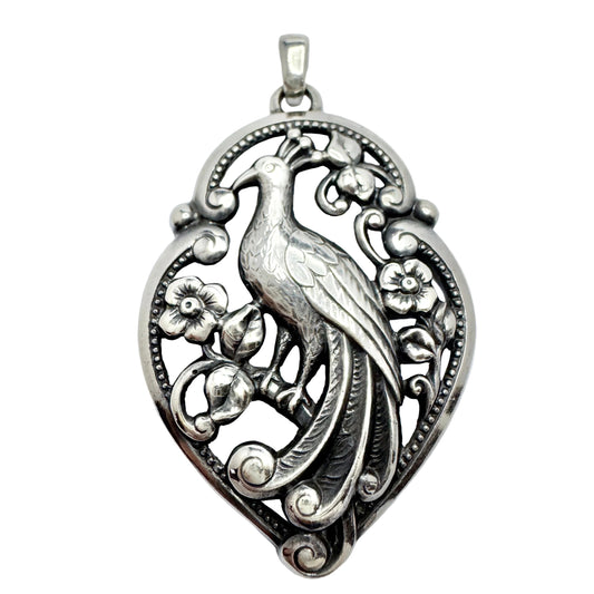 G Dahlgren, Sweden year 1950. Large Vintage Sterling Silver Peacock Pendant.