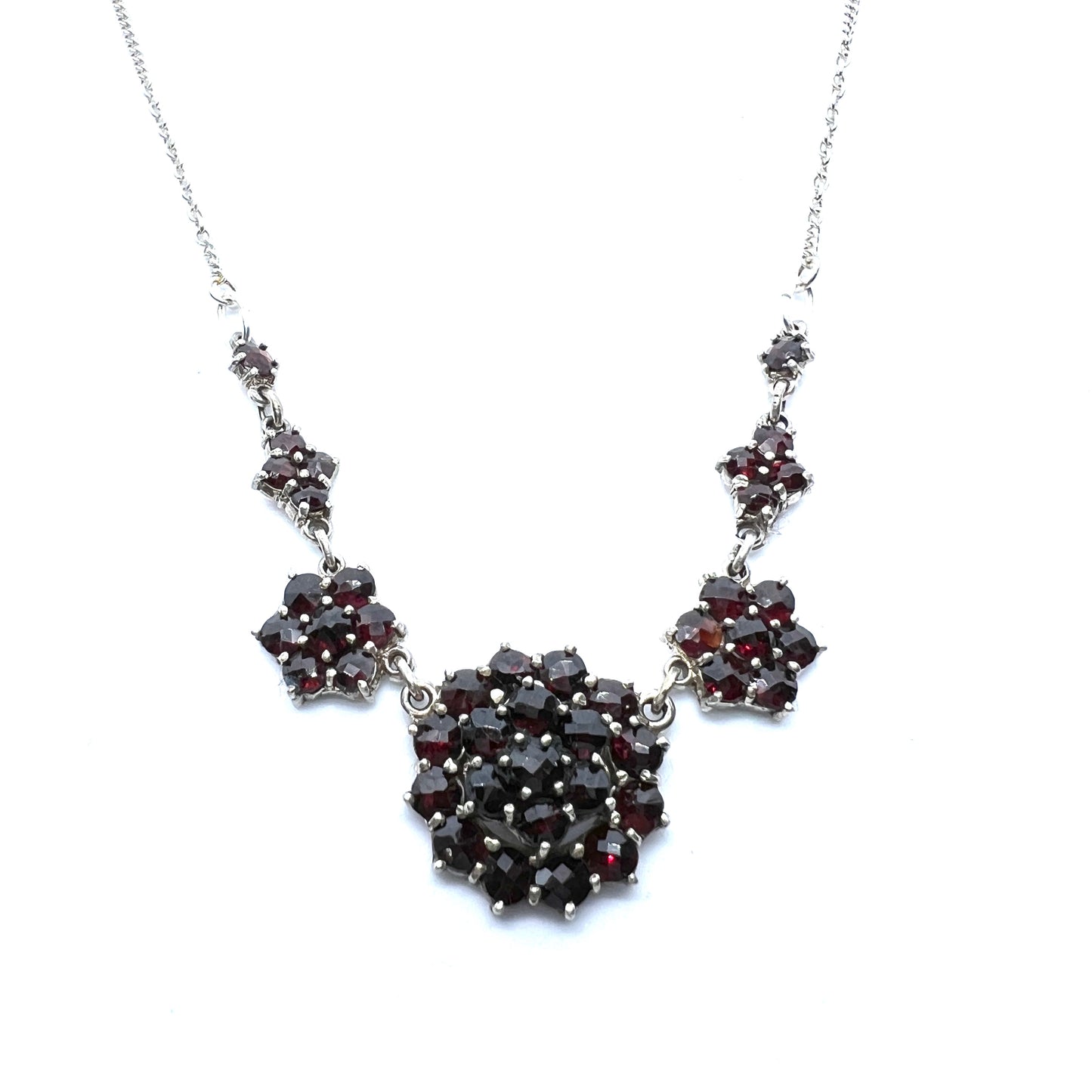 Vintage Mid-Century Bohemian Garnet Cluster 835 Silver Necklace.