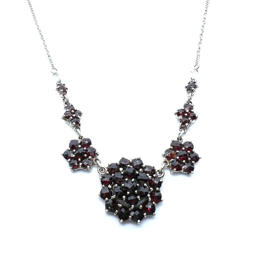 Vintage Mid-Century Bohemian Garnet Cluster 835 Silver Necklace.