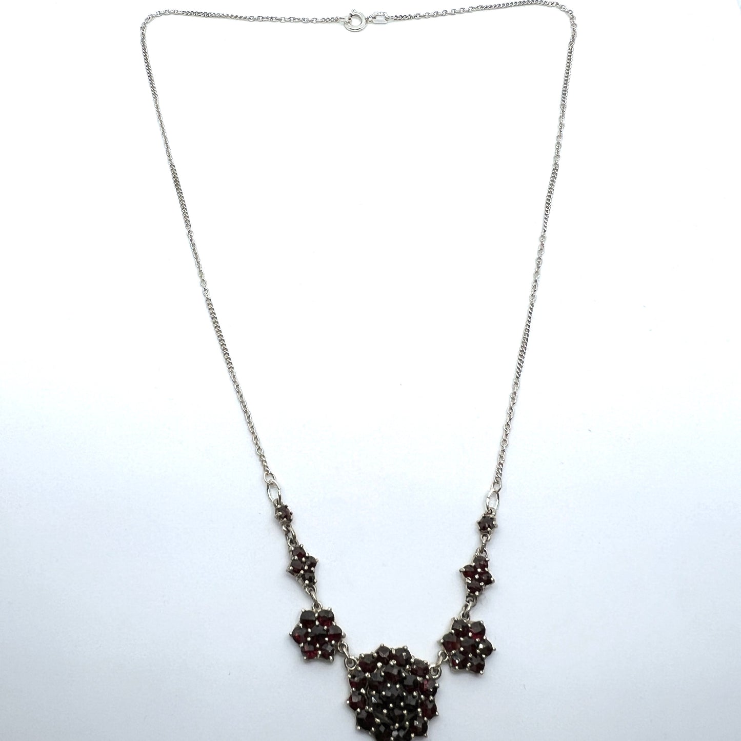 Vintage Mid-Century Bohemian Garnet Cluster 835 Silver Necklace.