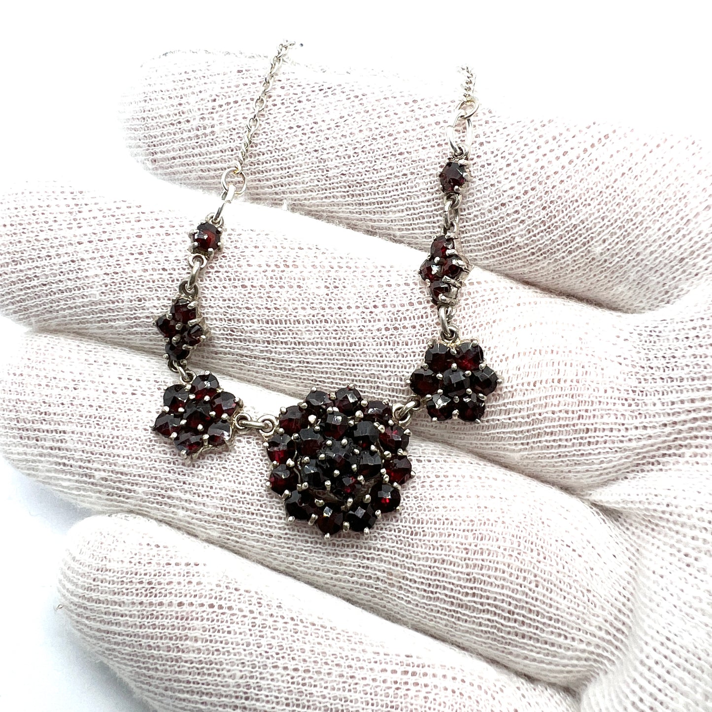 Vintage Mid-Century Bohemian Garnet Cluster 835 Silver Necklace.