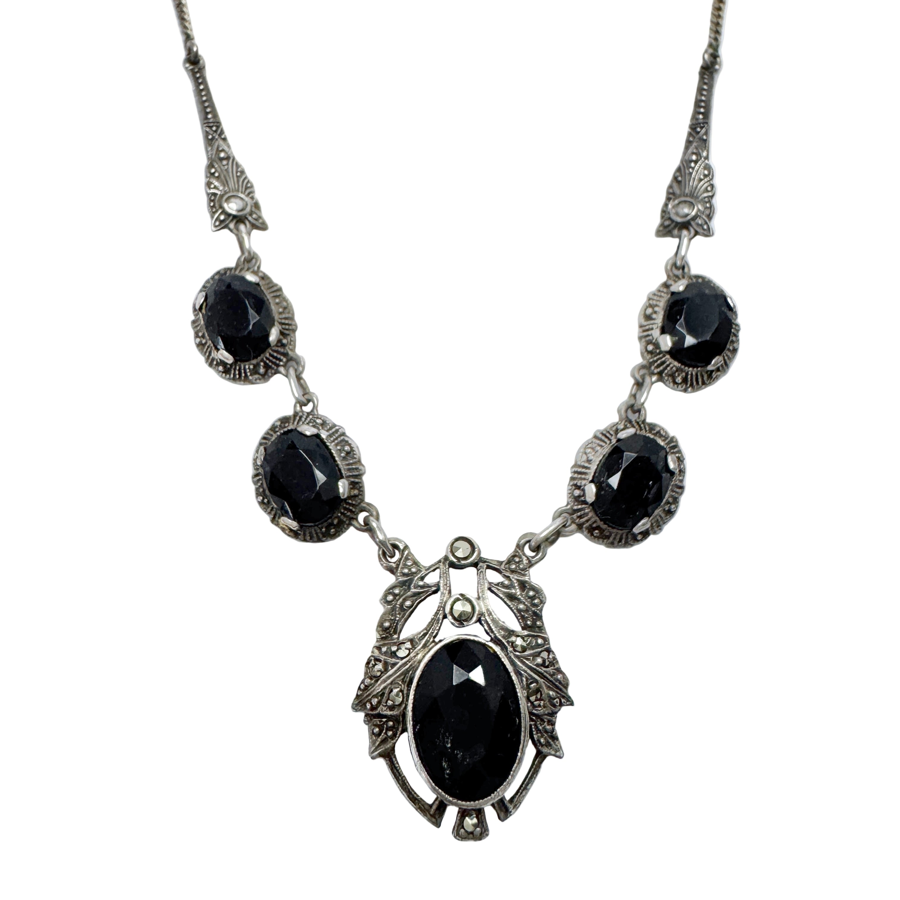 millennium plate `MARCASITE´ Antique Jugendstil Solid Silver Onyx Marcasite Necklace. – T