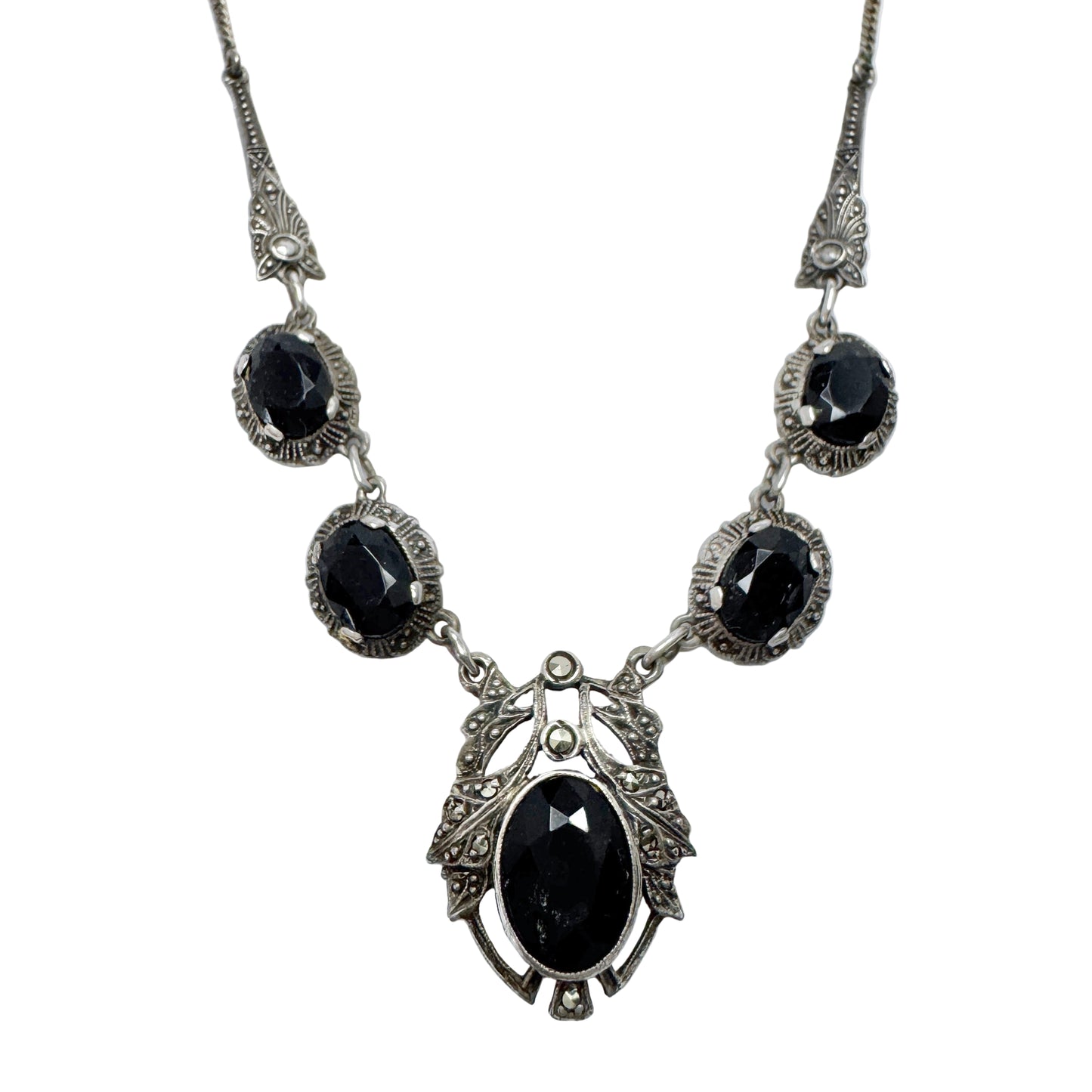 Antique Jugendstil Solid Silver Onyx Marcasite Necklace.