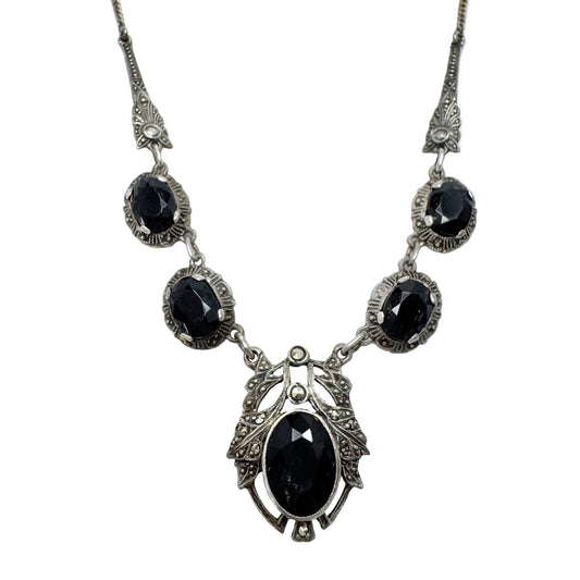 Antique Jugendstil Solid Silver Onyx Marcasite Necklace.