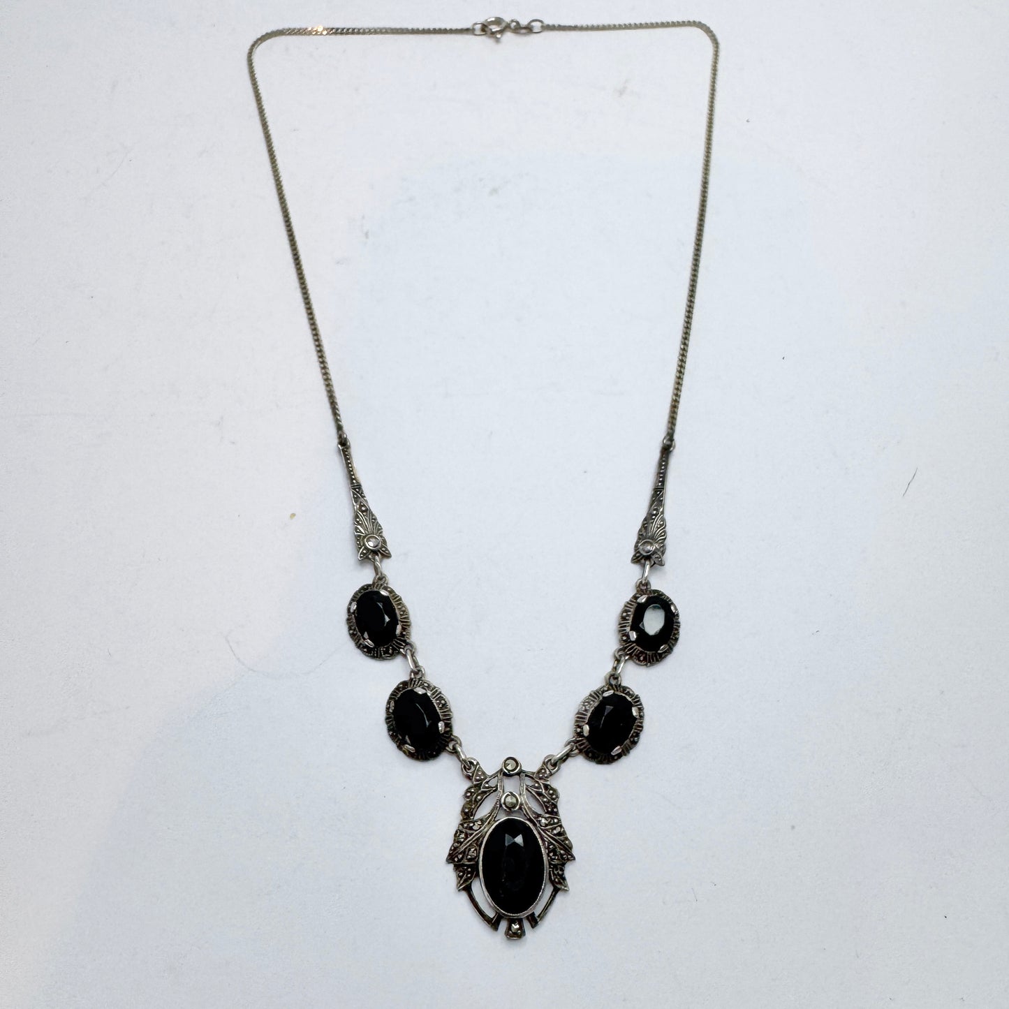 Antique Jugendstil Solid Silver Onyx Marcasite Necklace.