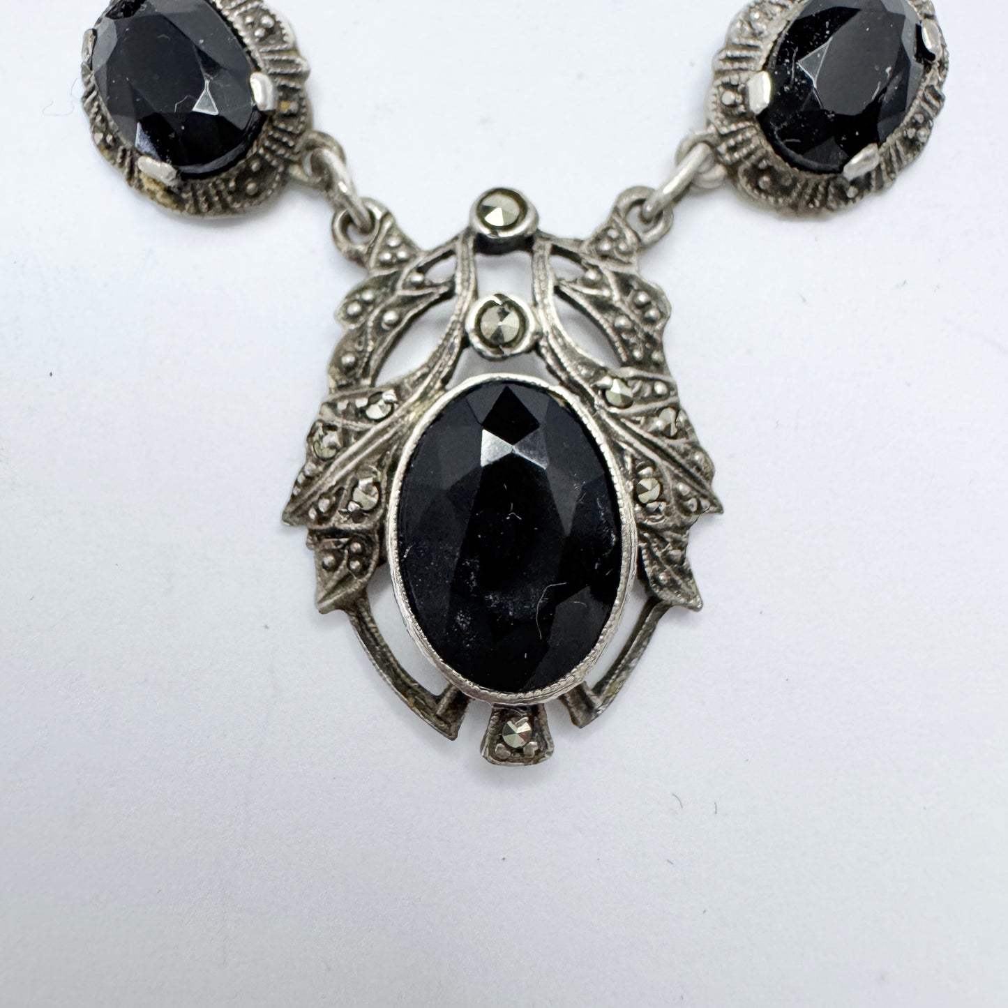 Antique Jugendstil Solid Silver Onyx Marcasite Necklace.