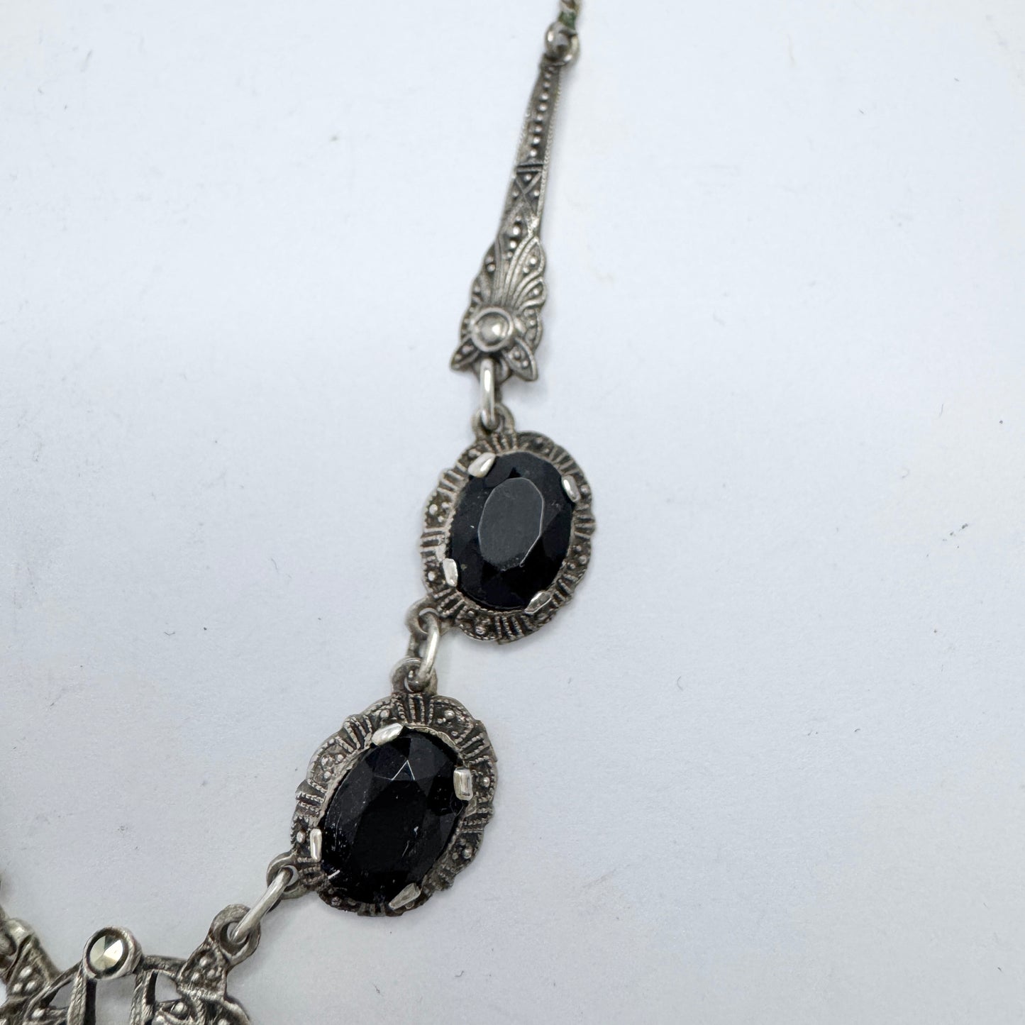 Antique Jugendstil Solid Silver Onyx Marcasite Necklace.