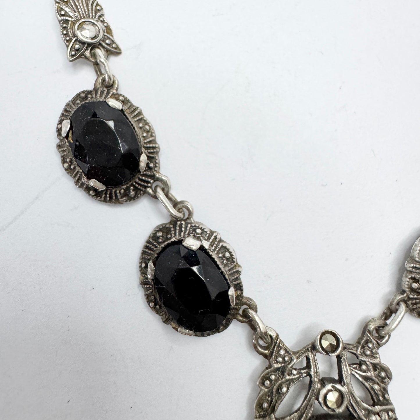 Antique Jugendstil Solid Silver Onyx Marcasite Necklace.