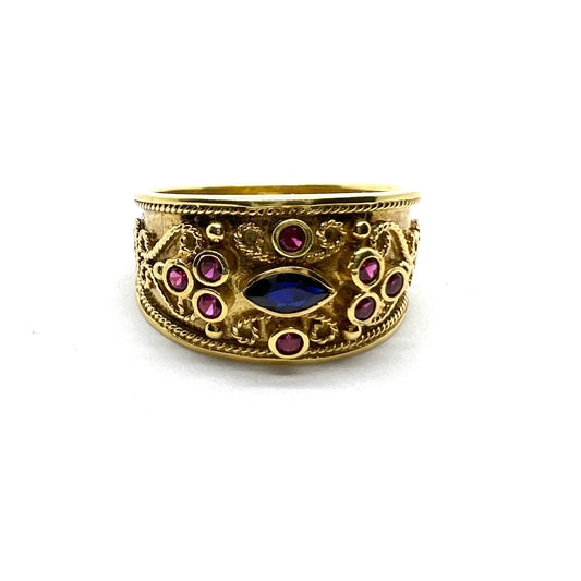 14k Gold Sapphire Etruscan Revival Ring.
