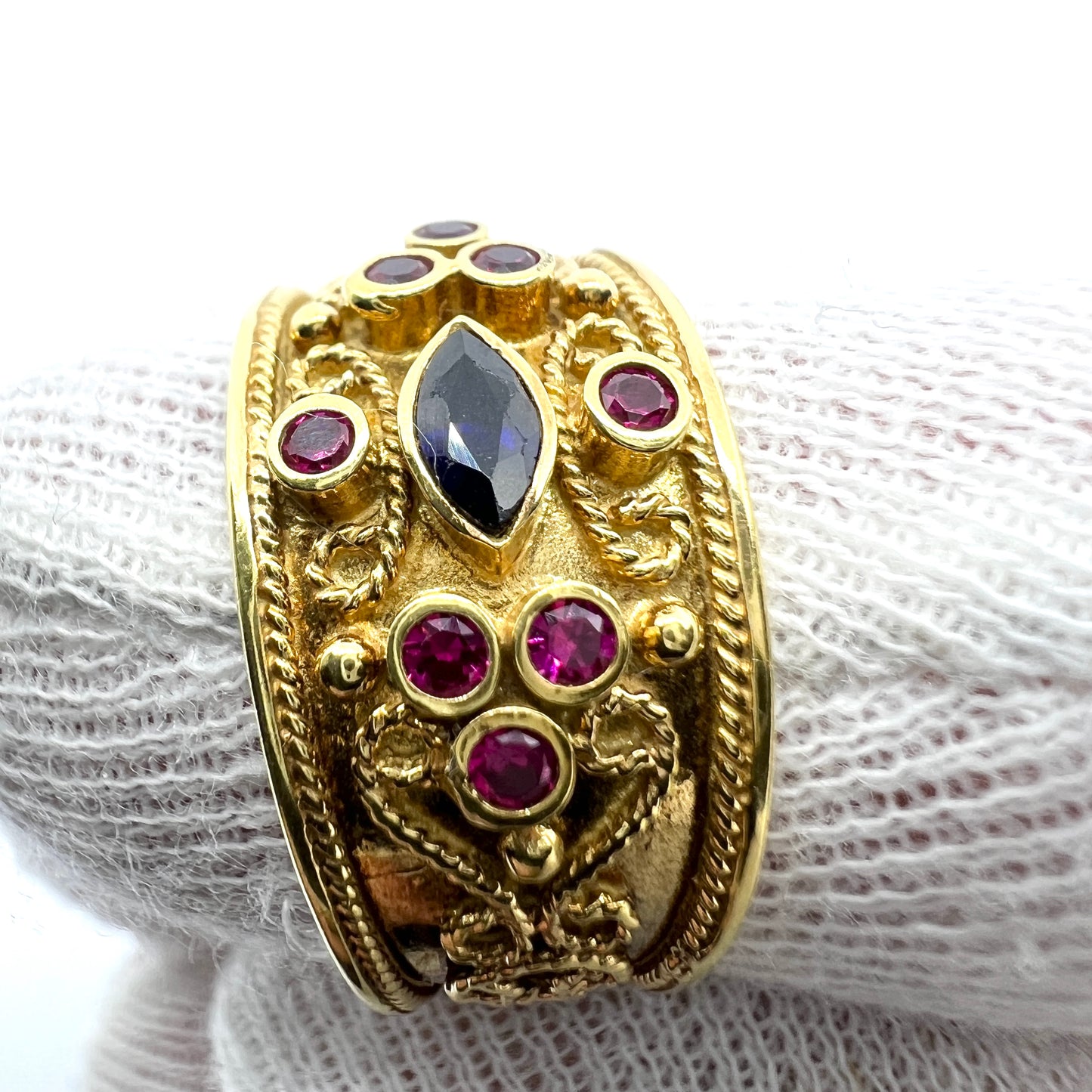 14k Gold Sapphire Etruscan Revival Ring.