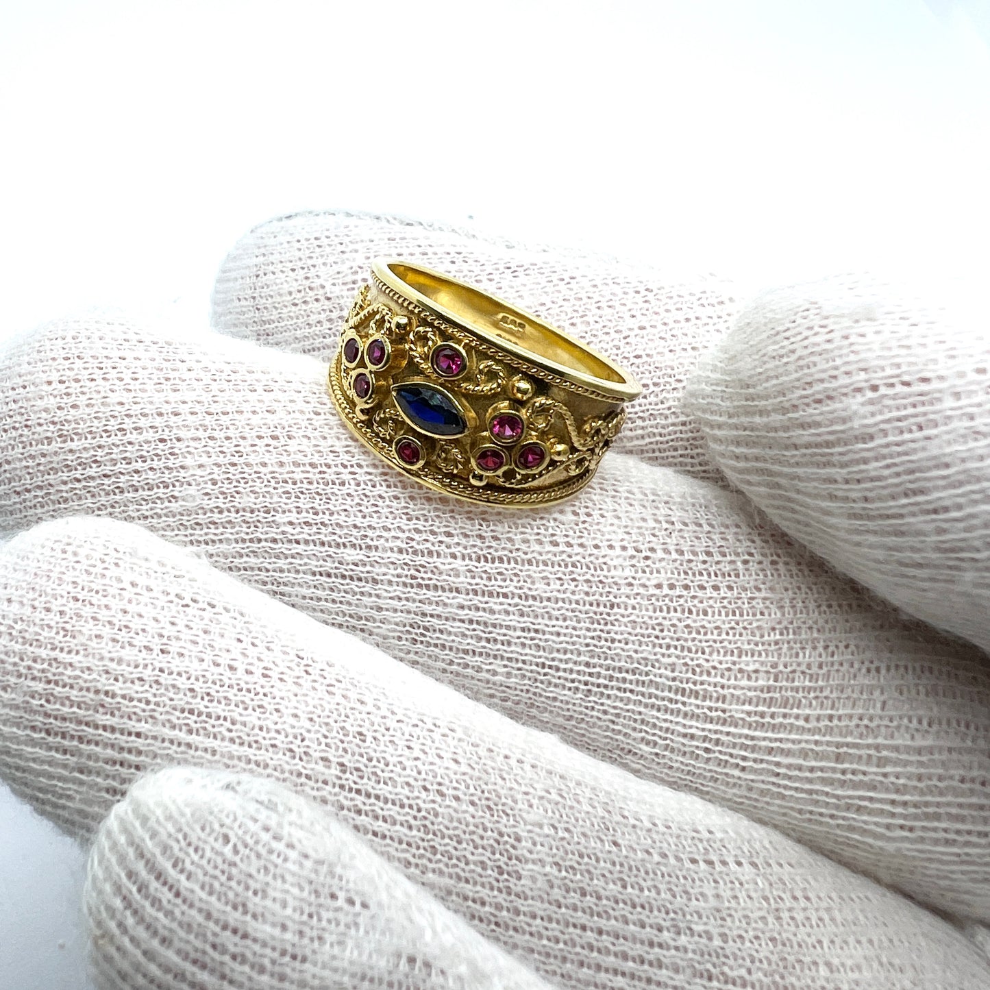 14k Gold Sapphire Etruscan Revival Ring.