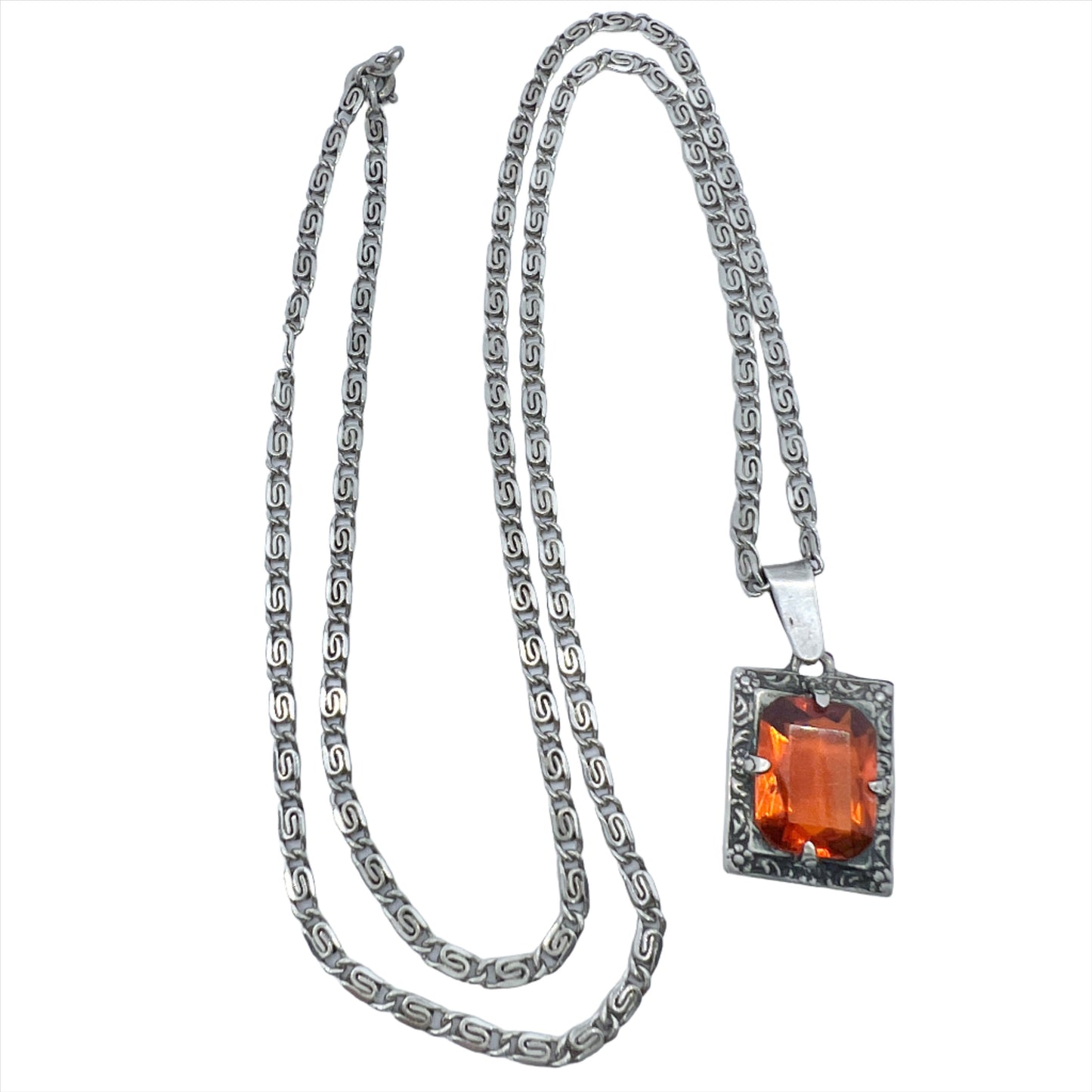 Martin Elmblad, Sweden 1946. Vintage Silver Intense Orange Paste Pendant Long Chain Necklace.