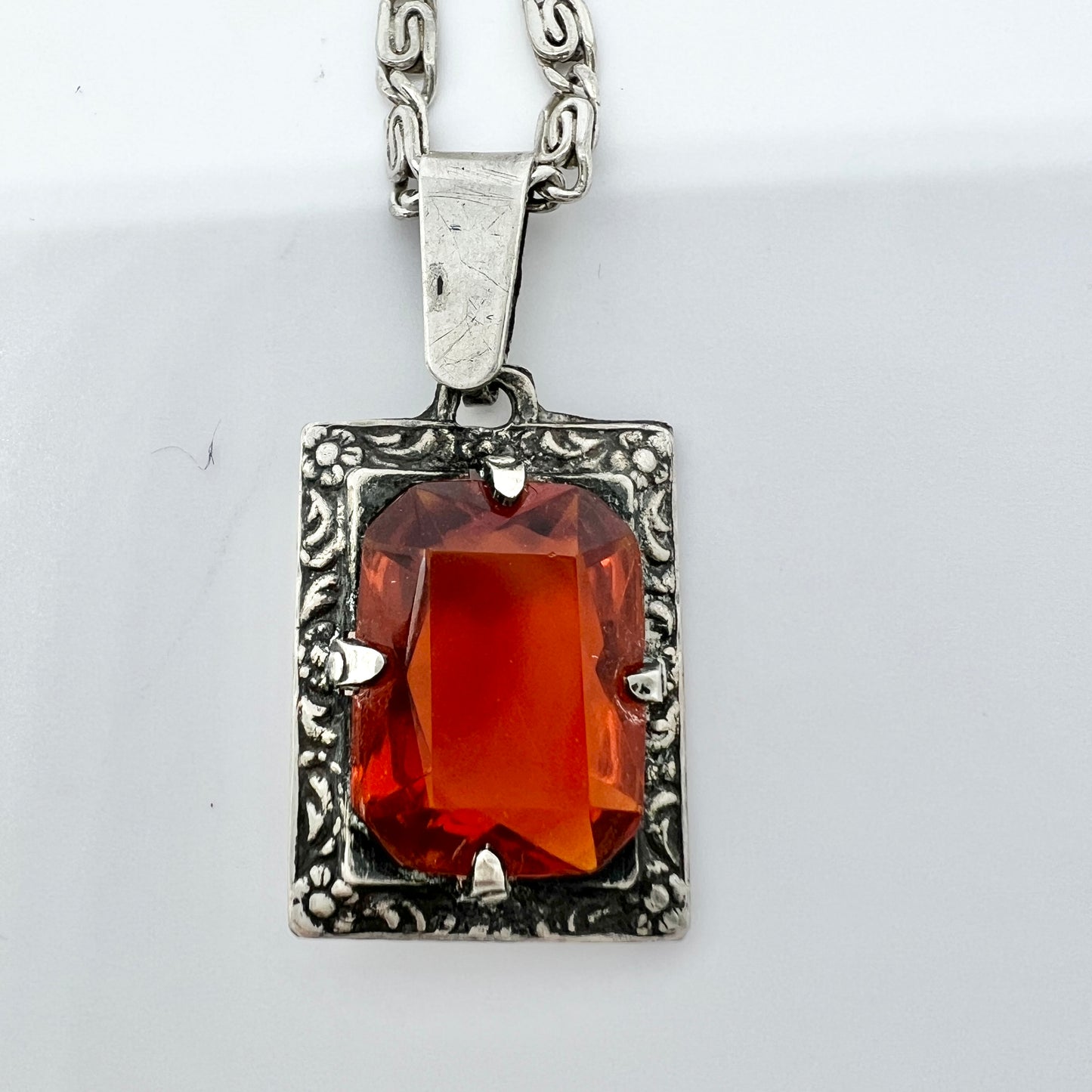 Martin Elmblad, Sweden 1946. Vintage Silver Intense Orange Paste Pendant Long Chain Necklace.