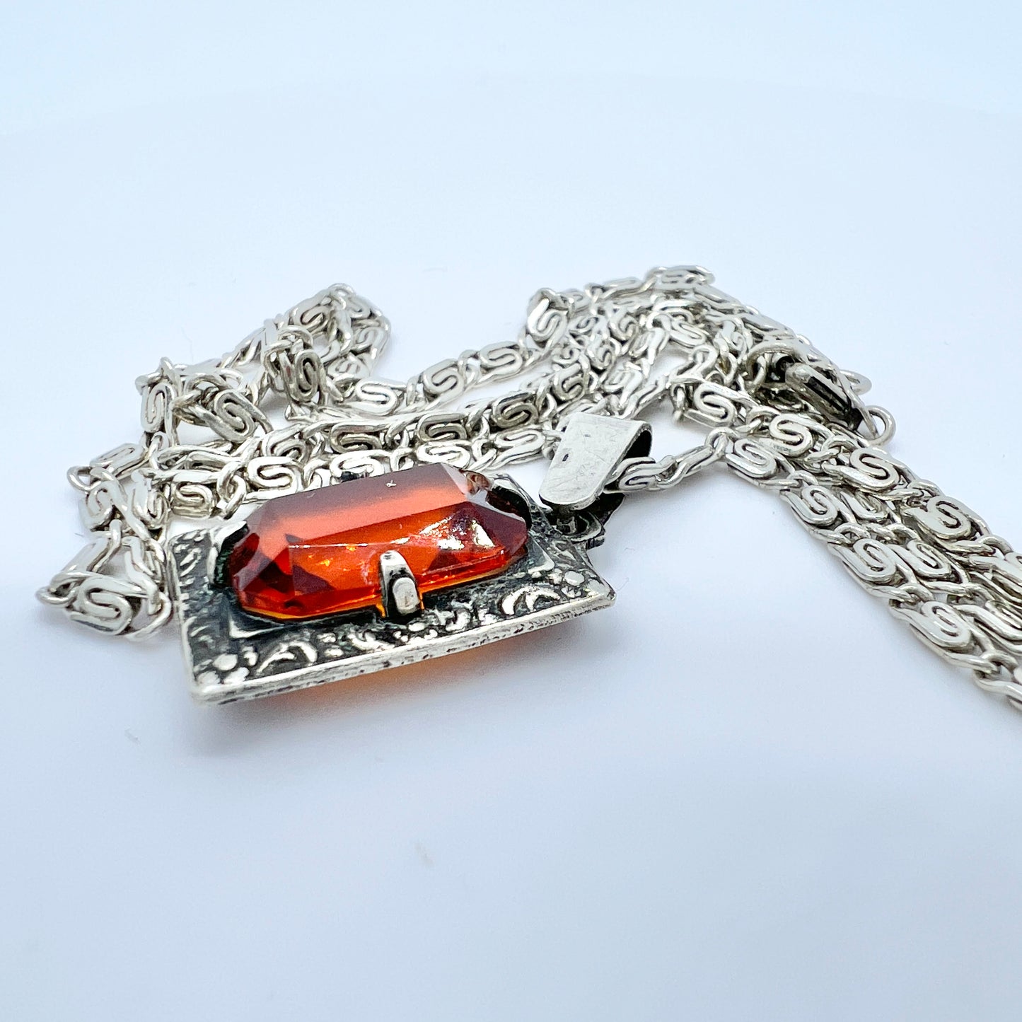 Martin Elmblad, Sweden 1946. Vintage Silver Intense Orange Paste Pendant Long Chain Necklace.