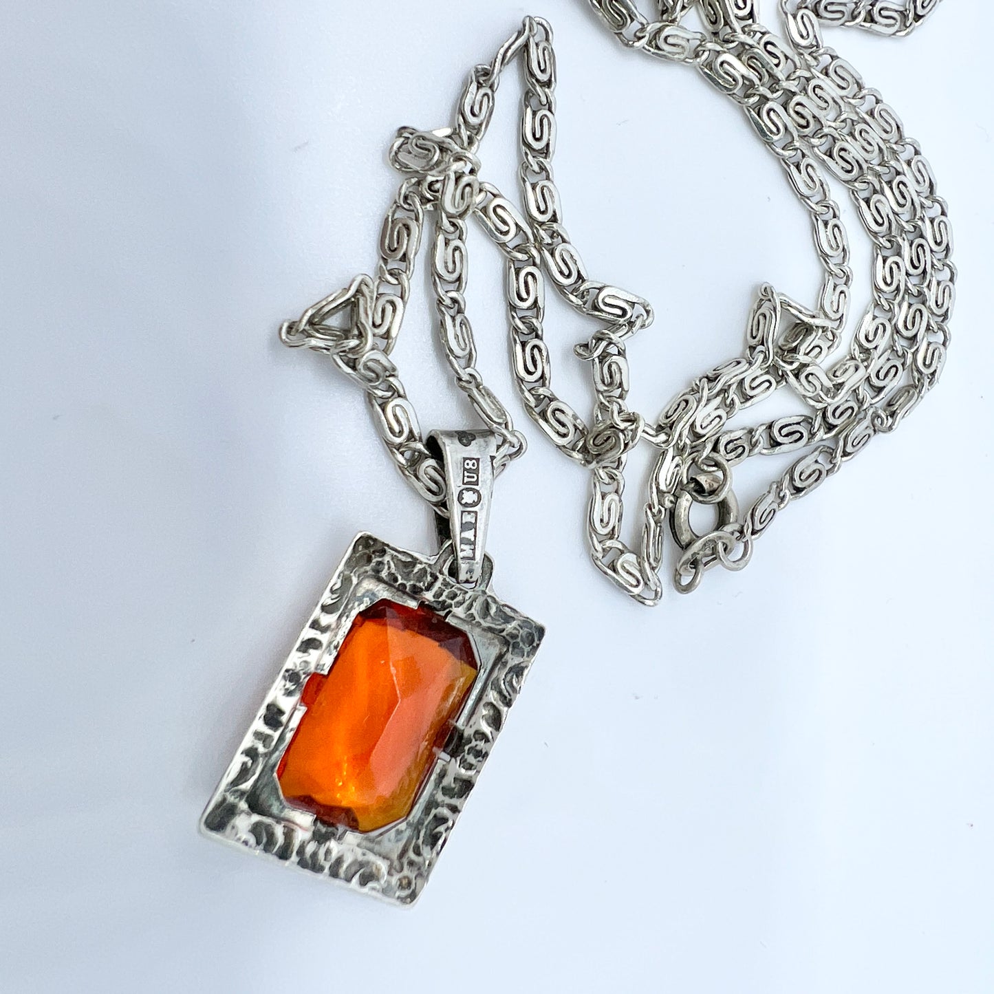 Martin Elmblad, Sweden 1946. Vintage Silver Intense Orange Paste Pendant Long Chain Necklace.