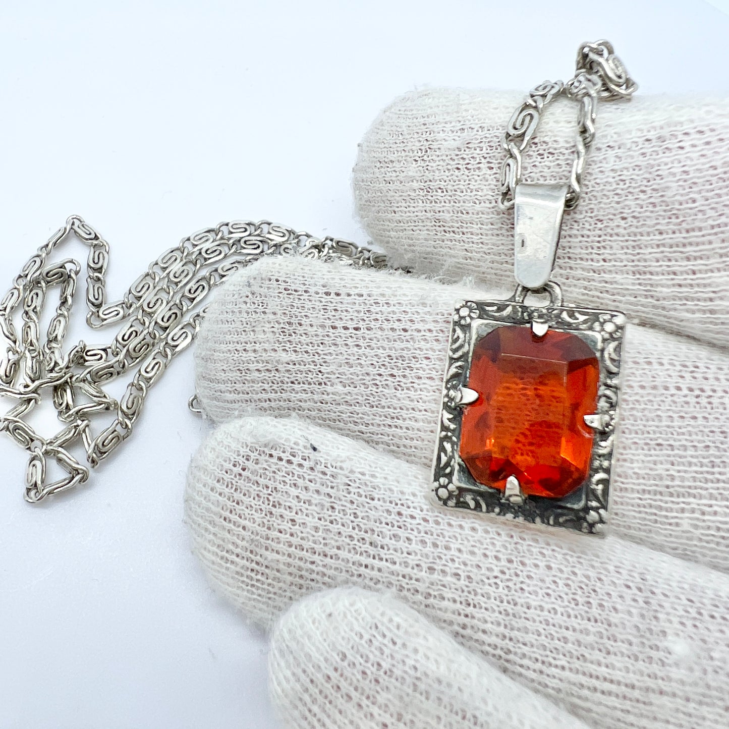 Martin Elmblad, Sweden 1946. Vintage Silver Intense Orange Paste Pendant Long Chain Necklace.