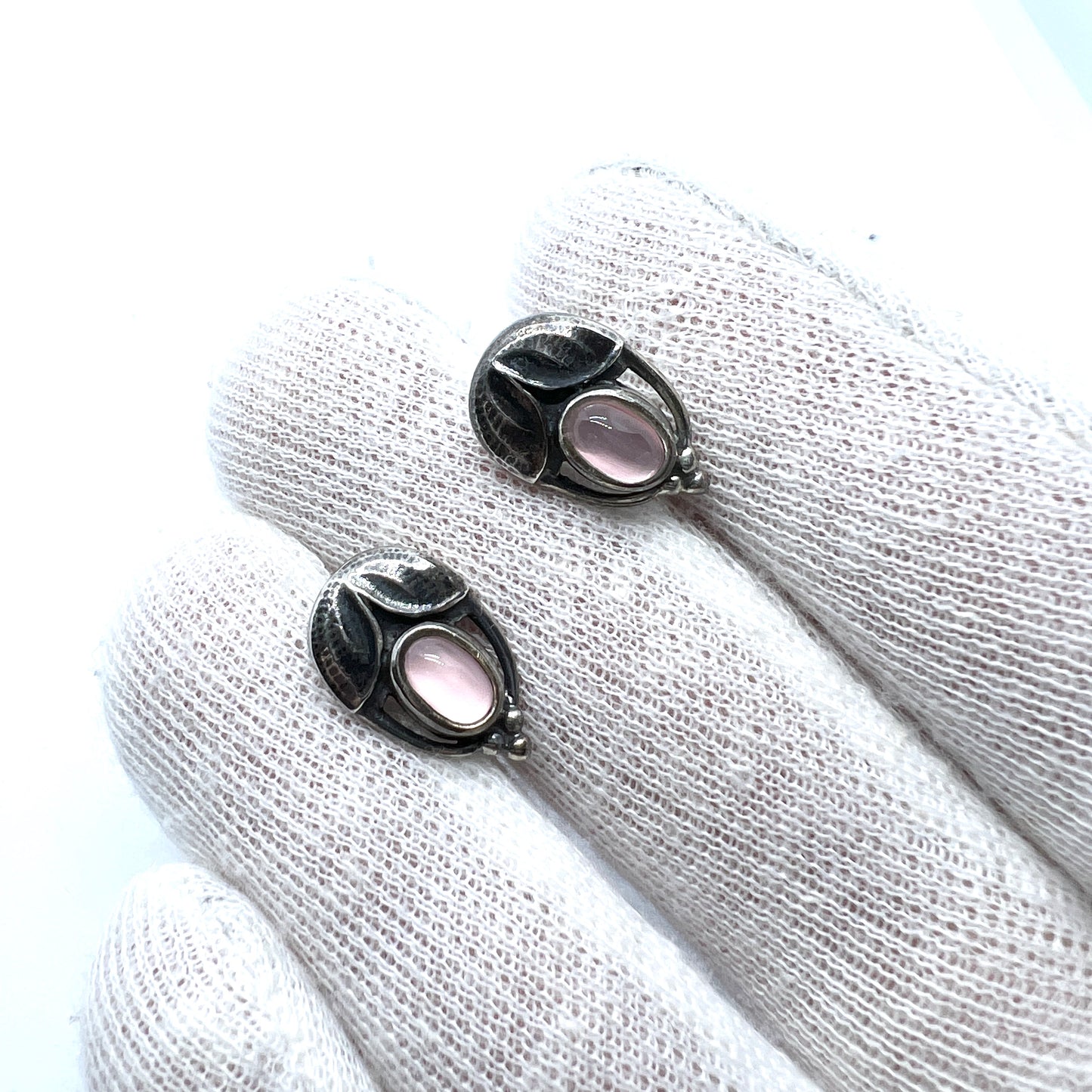 Georg Jensen, Denmark. Vintage Sterling Silver Rose Quartz Earrings. Heritage Collection 2003.