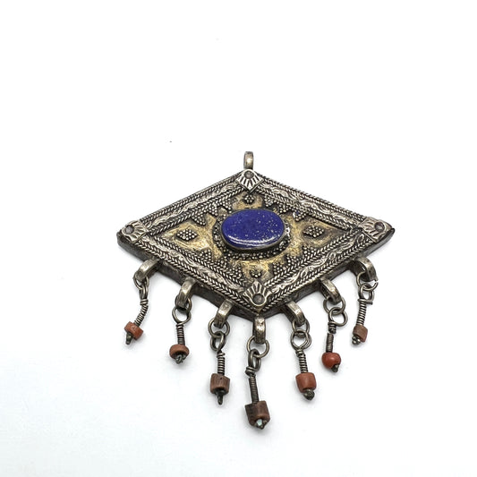 Vintage Middle Eastern Solid Silver Lapis Lazuli Coral Pendant.