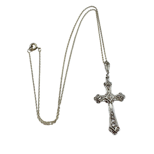 Sweden c 1940. Vintage Solid Silver Marcasite Cross Pendant Necklace.