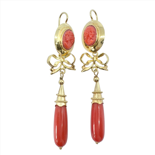 Naples, Italy. Large Vintage 18k Gold Coral Dangle Earrings. 14.8 gram