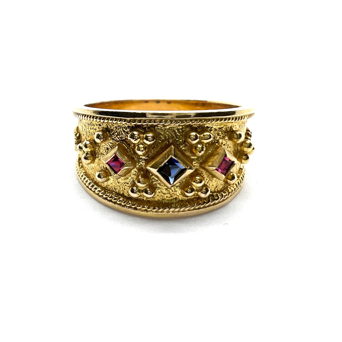 Vintage 14k Gold Synthetic Sapphire Etruscan Revival Ring.