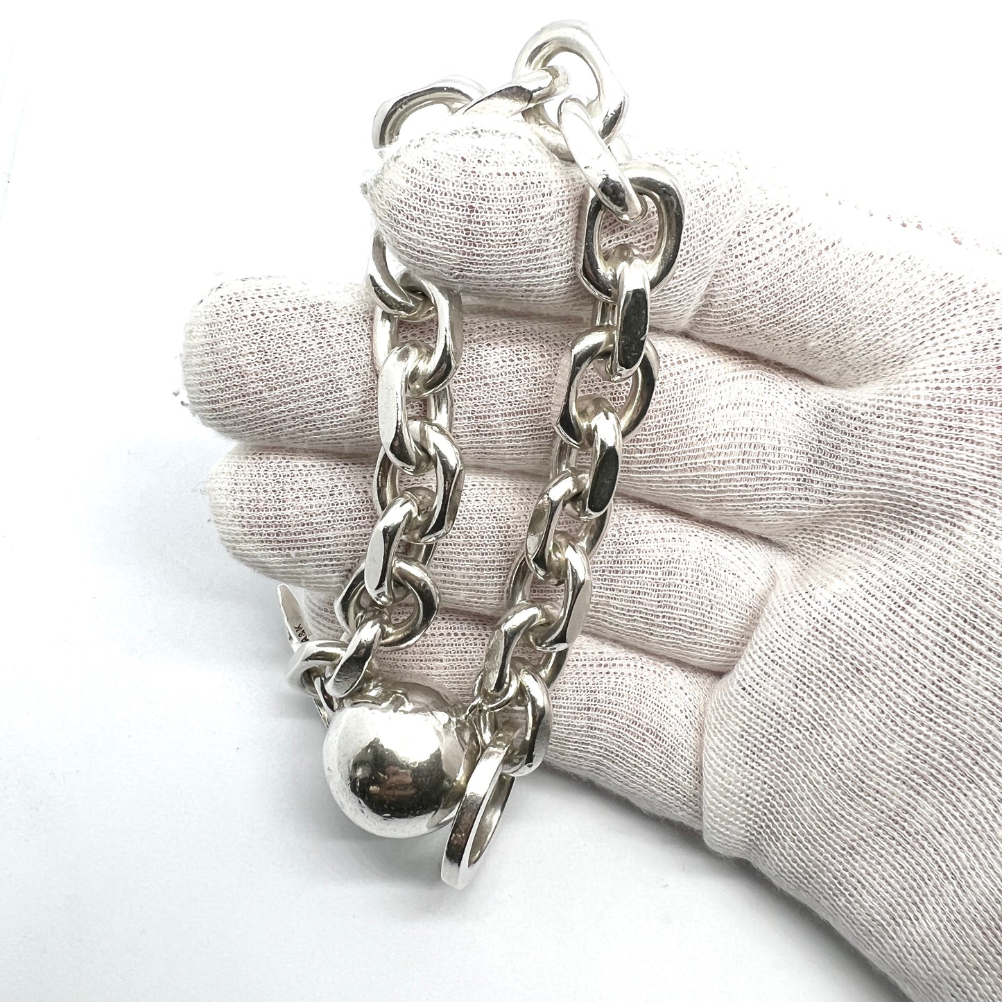 Aarre & Krogh, Denmark c 1960s Massive Sterling Silver Bracelet w Ball Charm.