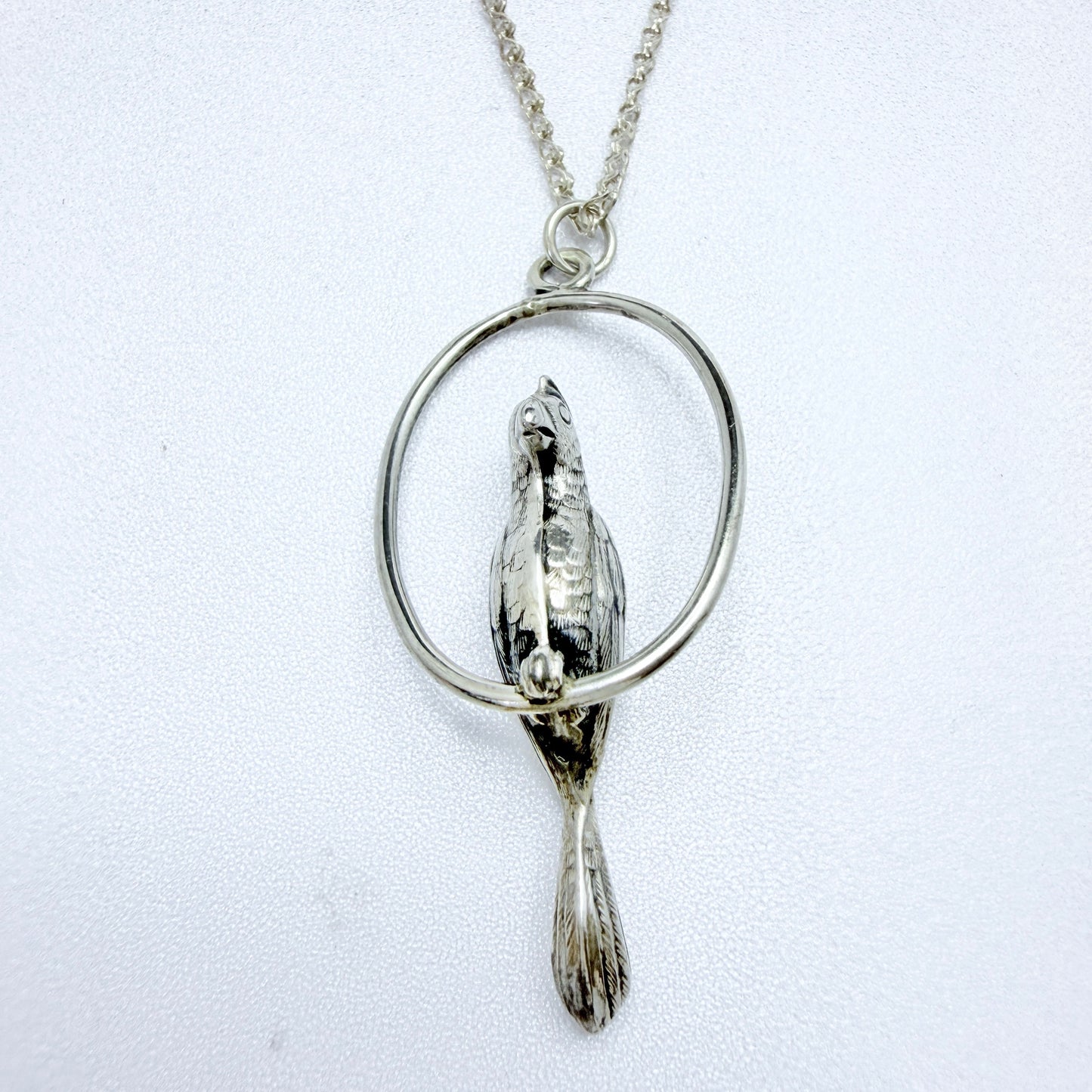 Vintage Solid Silver Parrot Pendant Necklace. Prob. Mexico.