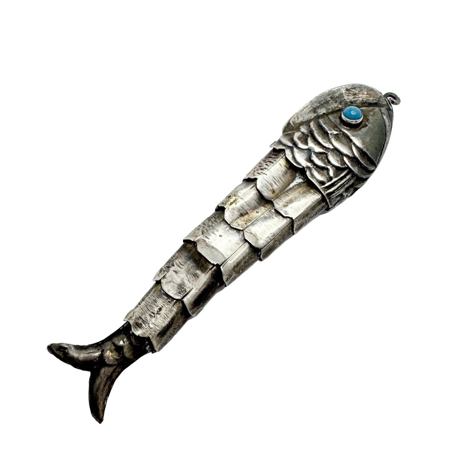 Vintage Solid Silver Turquoise Wiggle Fish Pendant.