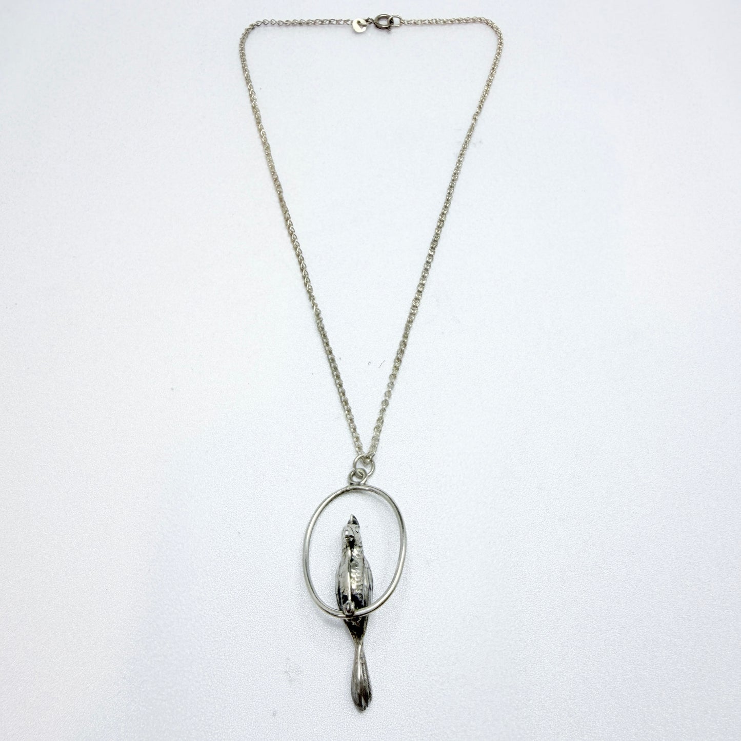 Vintage Solid Silver Parrot Pendant Necklace. Prob. Mexico.
