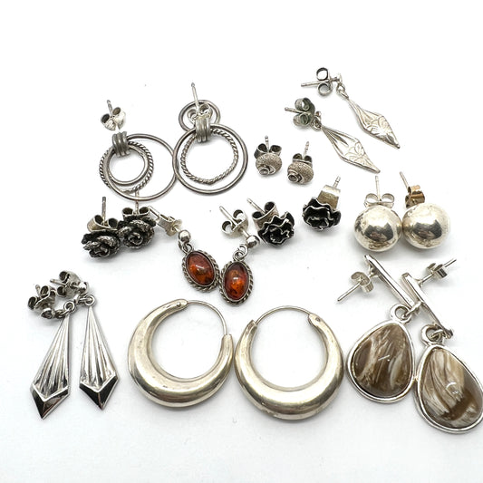 10 Pair of Vintage Silver Earrings. Scandinavian. Job Lot.