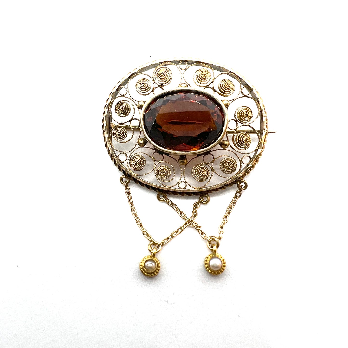 J Pettersson, Stockholm 1919, Antique 18k Gold Garnet Seed Pearl Brooch.