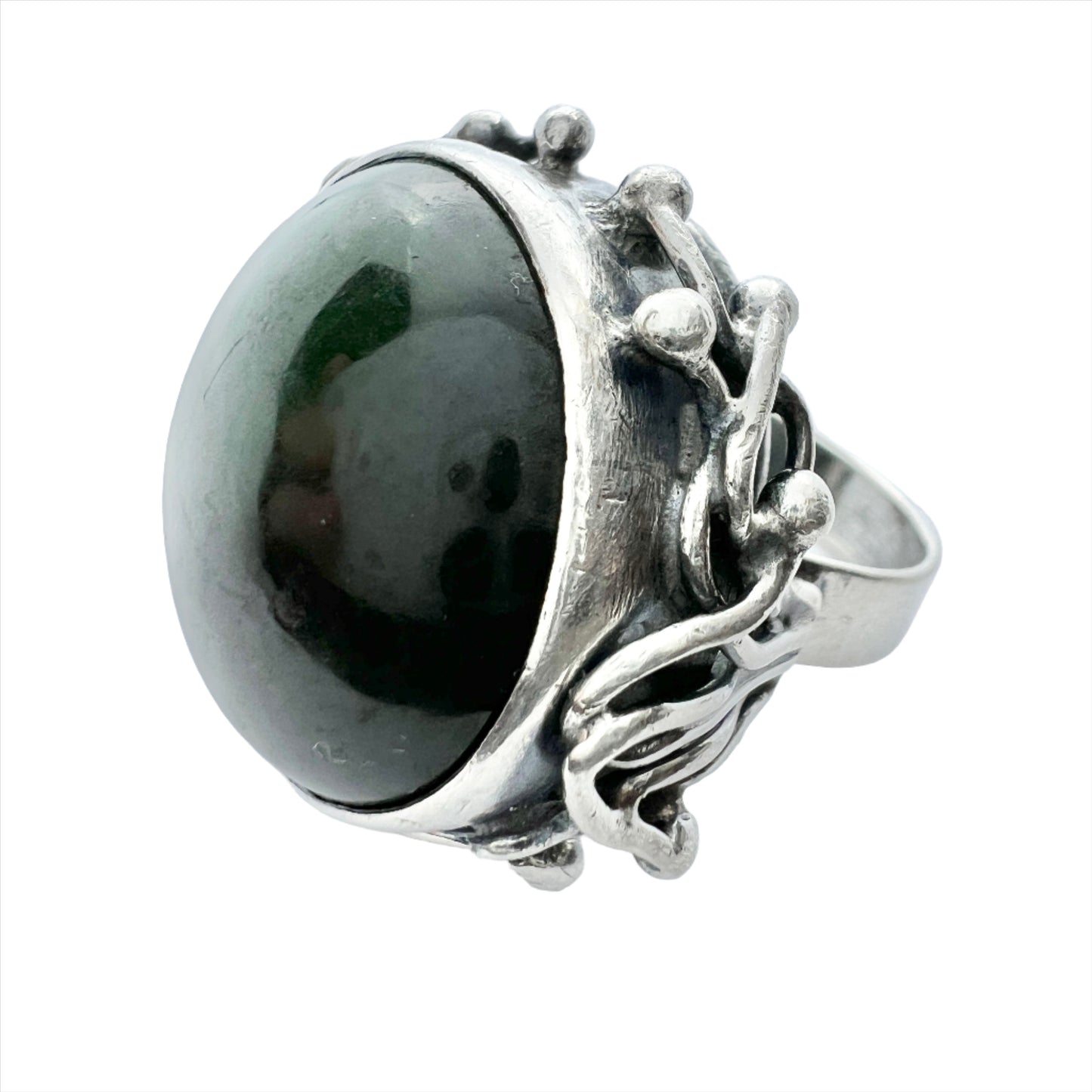 KTZ, Poland. Vintage 1960-70s Solid Silver Deep Forest Green Hard Stone Ring.