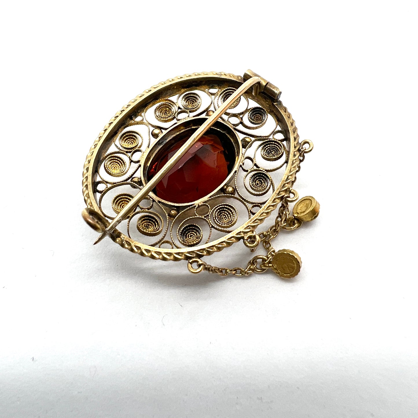 J Pettersson, Stockholm 1919, Antique 18k Gold Garnet Seed Pearl Brooch.