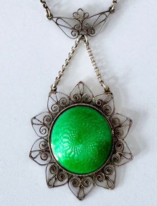 O Kristensen, Sweden 1914. Antique Solid Silver Green Enamel Pendant Necklace.
