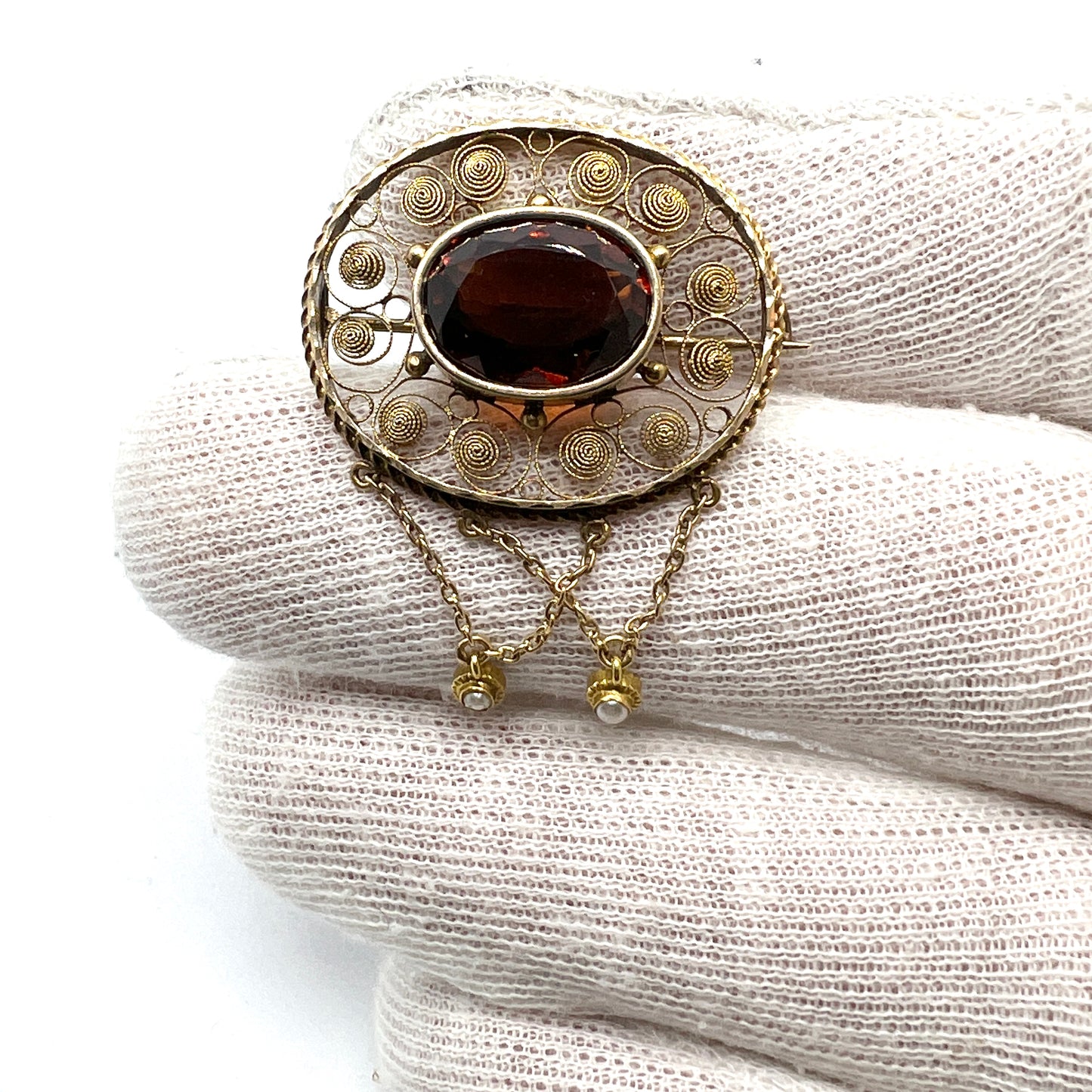 J Pettersson, Stockholm 1919, Antique 18k Gold Garnet Seed Pearl Brooch.