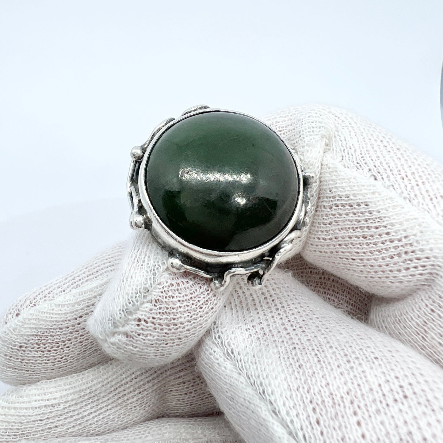 KTZ, Poland. Vintage 1960-70s Solid Silver Deep Forest Green Hard Stone Ring.