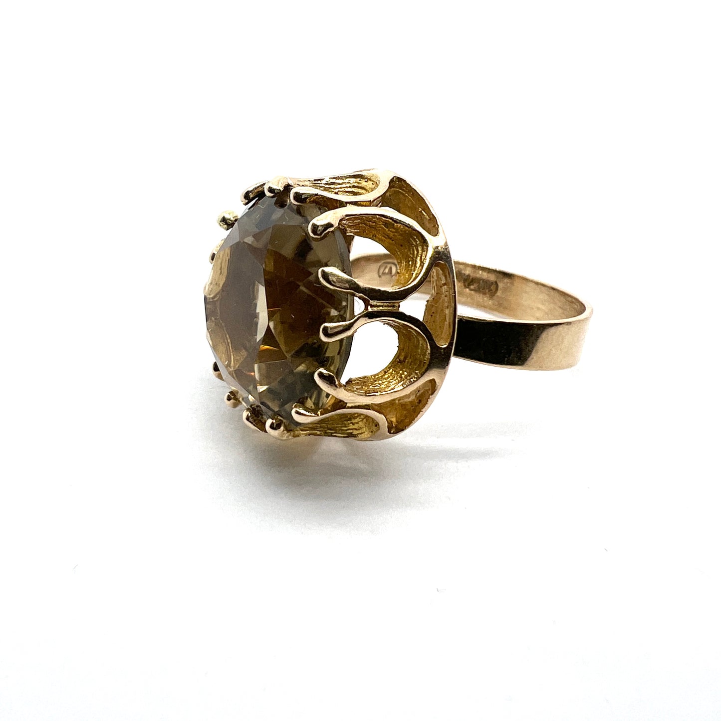 Tammen Koru, Finland 1974 Bold Vintage 14k Gold Smoky Quartz Ring.