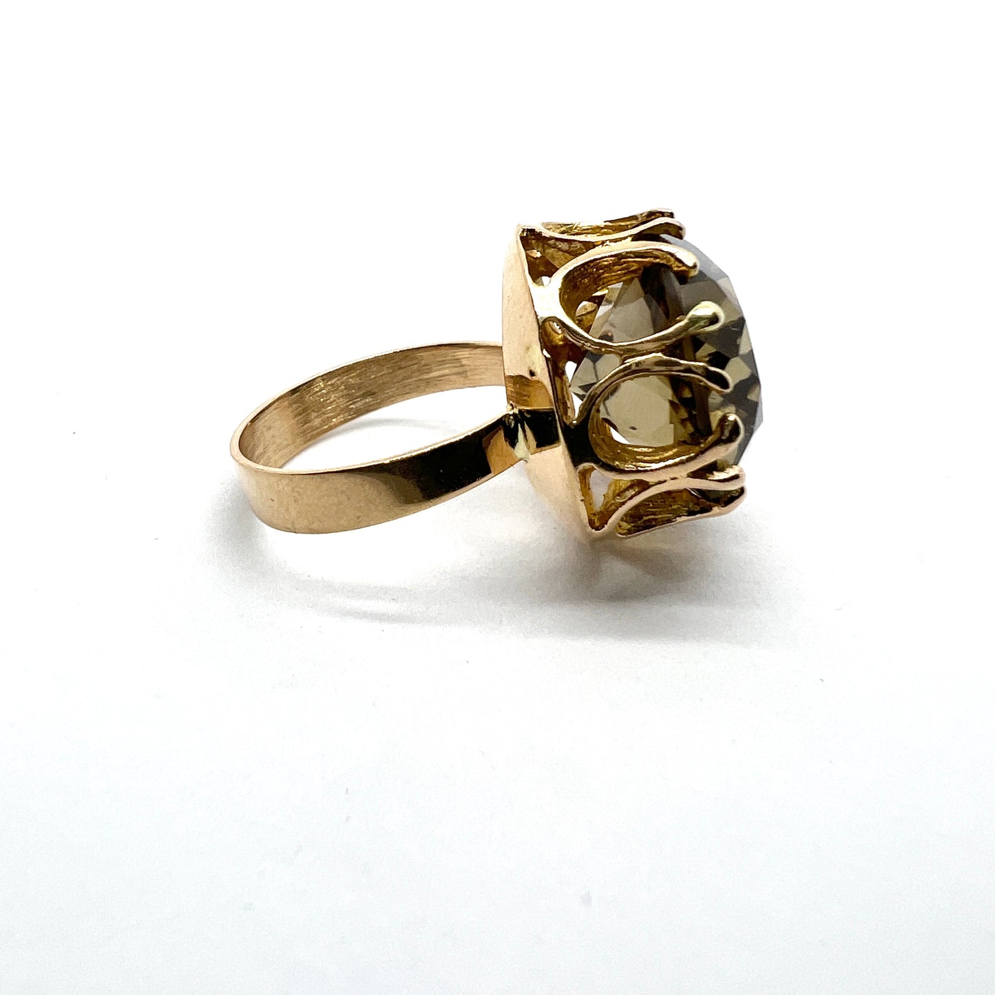 Tammen Koru, Finland 1974 Bold Vintage 14k Gold Smoky Quartz Ring.