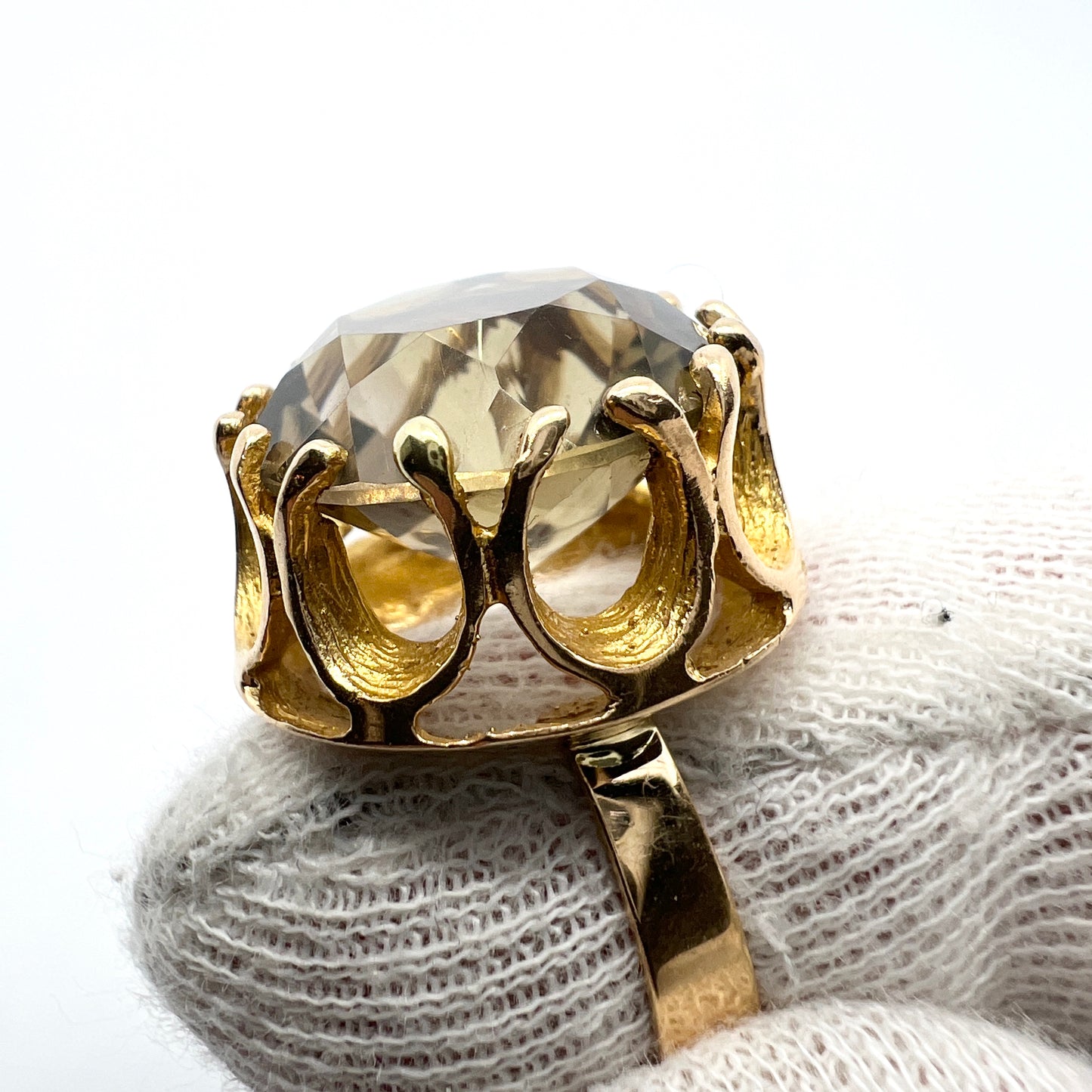 Tammen Koru, Finland 1974 Bold Vintage 14k Gold Smoky Quartz Ring.