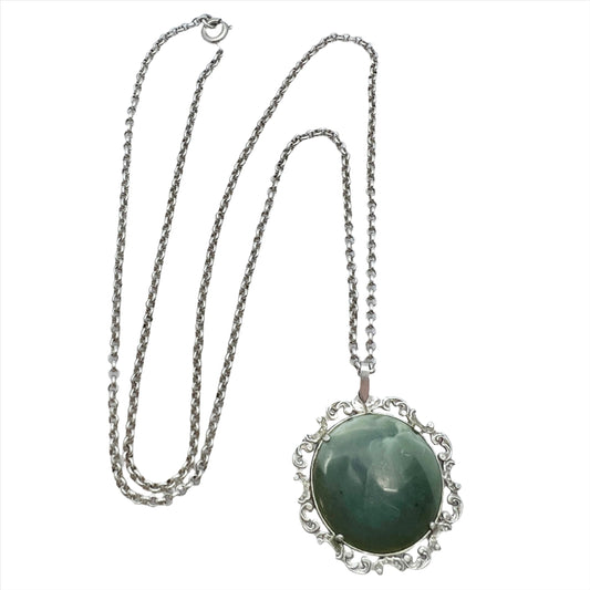 Vintage c 1950s. Solid Silver Green Hardstone Long Chain Necklace.