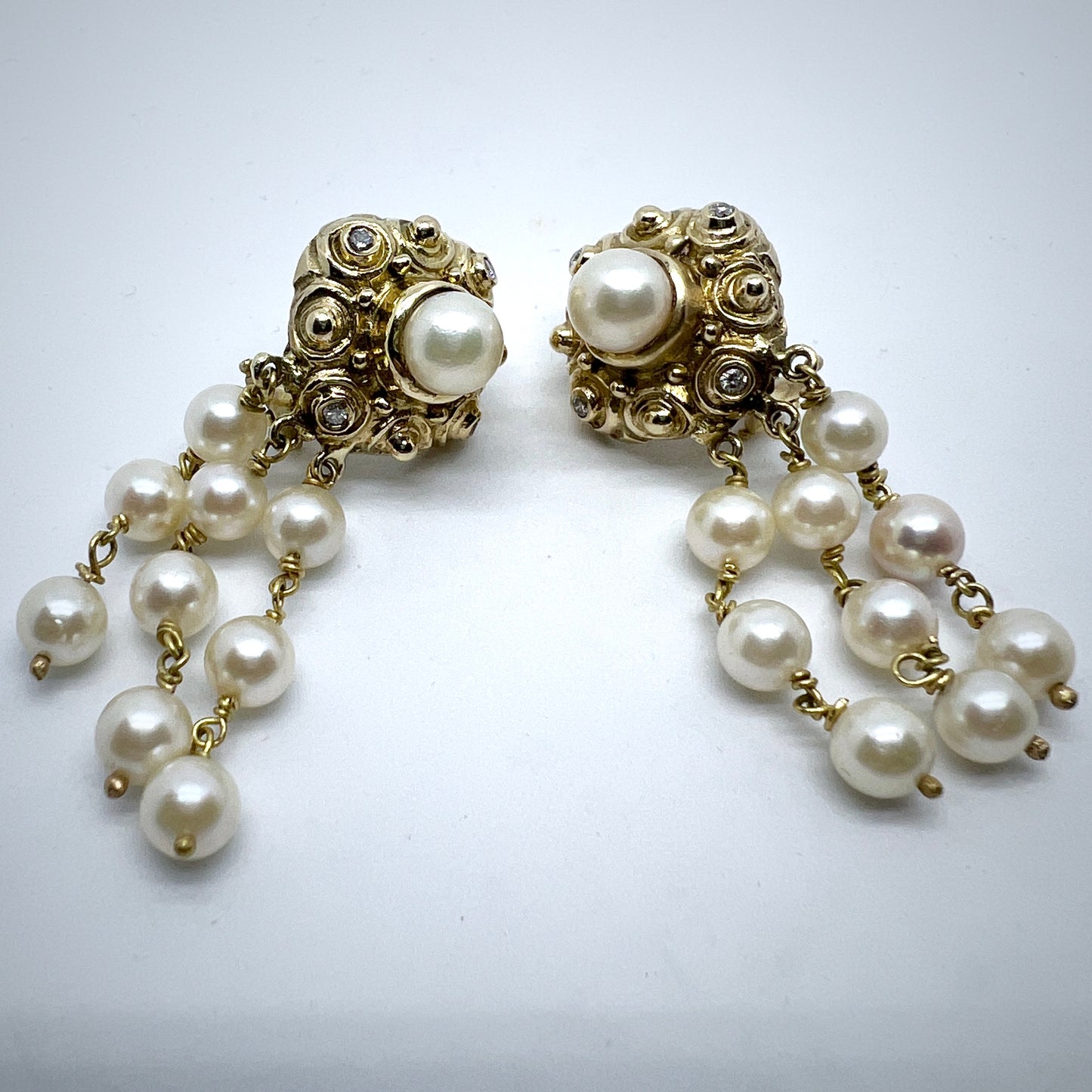 Vintage Mid-Century 14k Gold Diamond Pearl Dangle Earrings. 17.9 gram