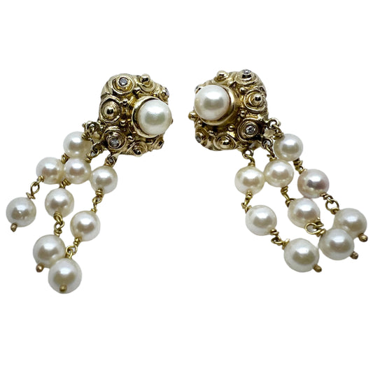 Vintage 1950-60s 14k Gold Diamond Pearl Dangle Earrings. 17.9 gram