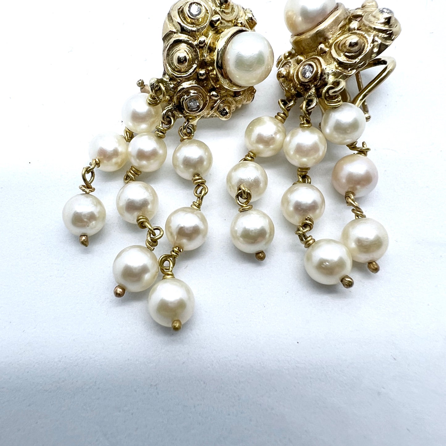 Vintage Mid-Century 14k Gold Diamond Pearl Dangle Earrings. 17.9 gram
