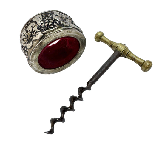 Vintage Wine Bottle Drip Stopper and Antique Corkscrew. Prob France.