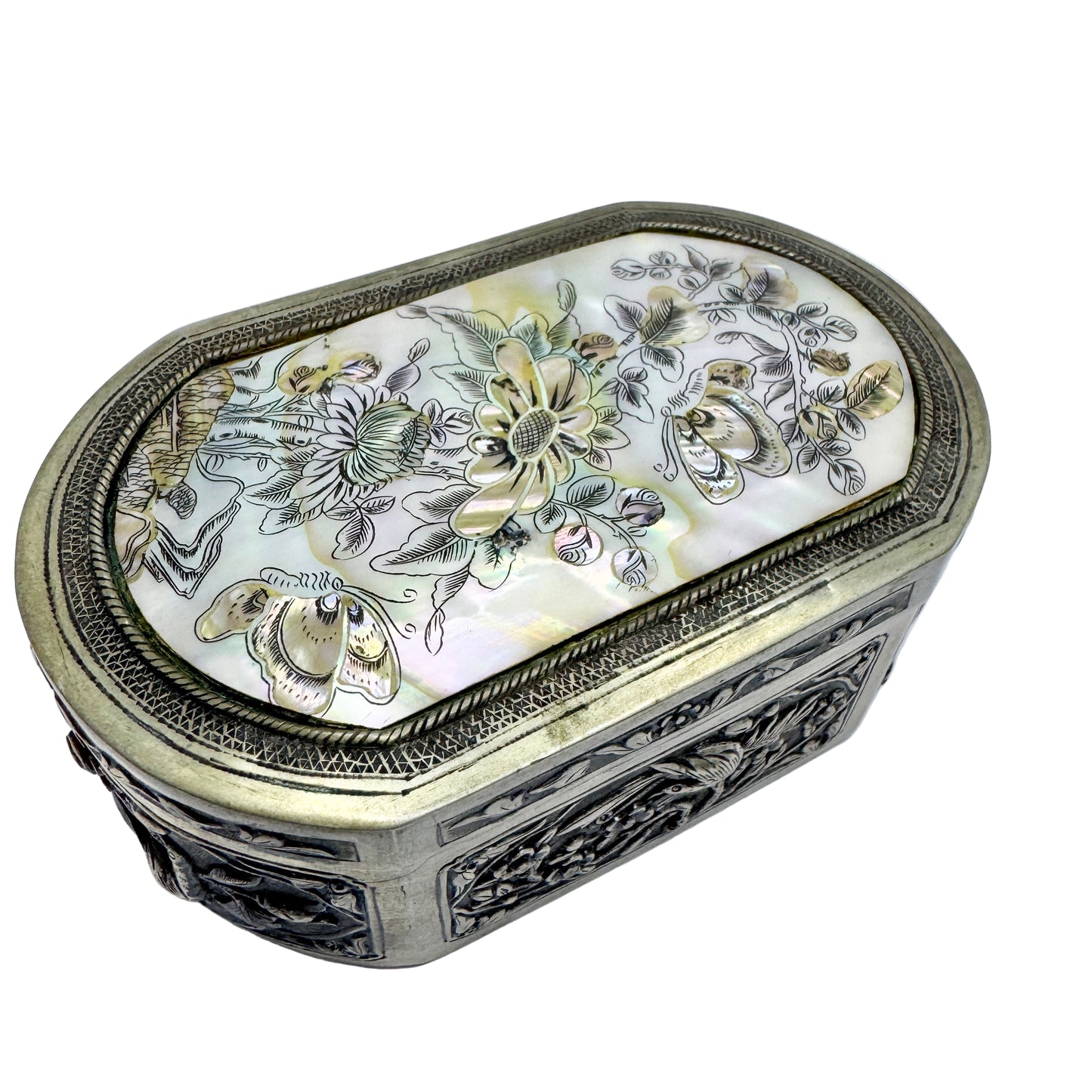 Oriental Antique / Vintage Solid Silver Carved MoP Inlay Jewlery Casket Trinket Box.
