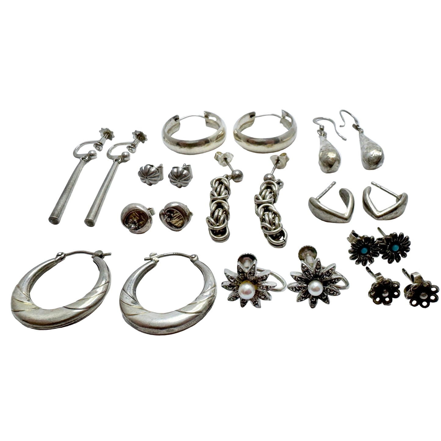 Job Lot. Vintage Solid Silver Earrings. 12 Pair.